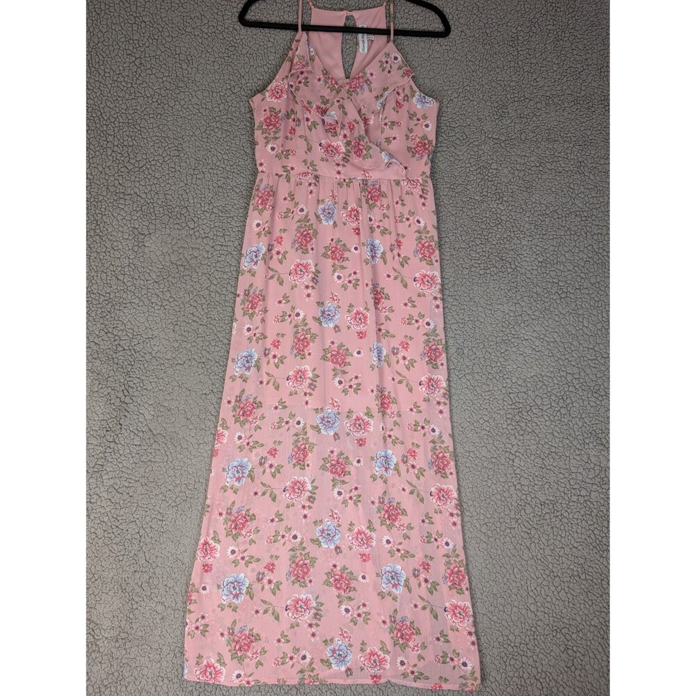 Almost Famous Womens Maxi Pink Dress Floral Sleeveless Ruffled Bust Sz M Garden